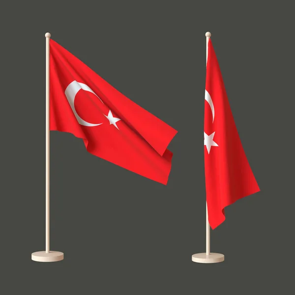 中立的な背景にトルコの2つの旗 1つは旗竿になびかせ もう1つはツイストテーブルトップ 3Dレンダリング レイアウト 設計のためのブランク — ストック写真
