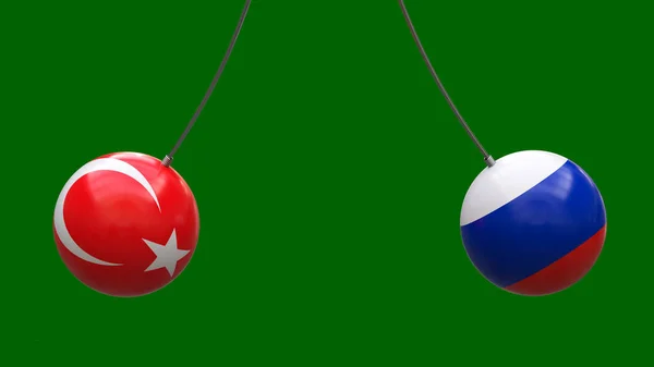 トルコとロシアの国旗の色のロープの上のボールは中立的な背景に対して互いに向けられています 3Dレンダリング 設計のためのブランク レイアウト ポリシー コンセプト — ストック写真