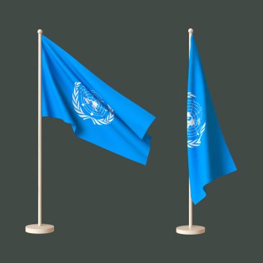 Two flags of United Nations on a neutral background - one fluttering on a flagpole, the other twisted tabletop. 3D rendering. Layout. Blank for design. Isolated.