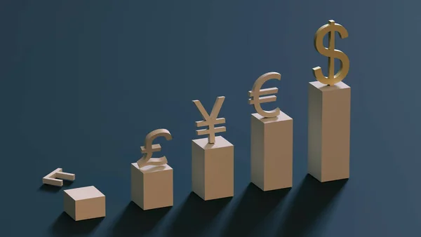 Los Símbolos Moneda Establecen Las Columnas Ascendentes Del Gráfico Liderazgo — Foto de Stock