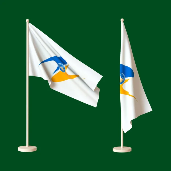 ธงสองธงของสหภาพเศรษฐก โรปบนพ นหล นกลาง Fluttering บนเสาธง แบบสามม าโครง างเปล าหร — ภาพถ่ายสต็อก