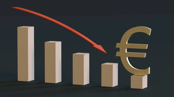 Gilded Euro Symbol Falling Chart Bars Downward Pointing Arrow Red — Stockfoto