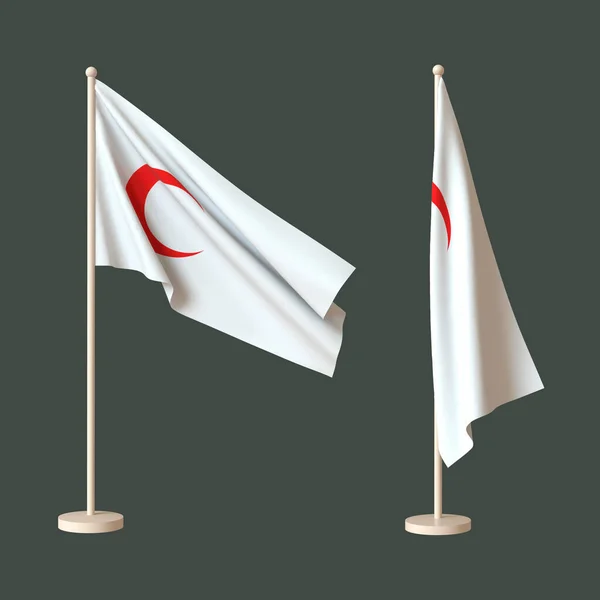 中立的な背景に国際赤新月社委員会の2つのフラグ 1つの旗竿になびかせ 他のツイストテーブルトップ 3Dレンダリング レイアウト 設計のためのブランク — ストック写真