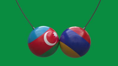 Balls on the ropes in the colors of the national flags of Armenia and Azerbaijan collided with each other against a neutral background. 3D rendering. Blank for design. Layout.