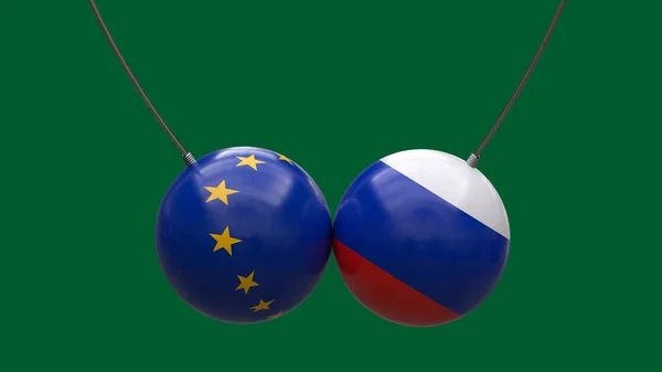 欧州連合 とロシアの国旗の色のロープの上のボールは中立的な背景に対して互いに向けられています 3Dレンダリング 設計のためのブランク レイアウト — ストック写真