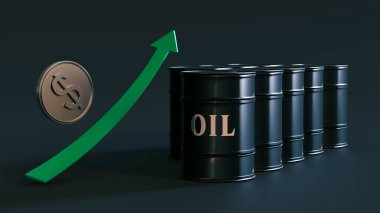 Altın kaplamalı dolar sembolü, koyu arka planda petrol varillerinin yanında yeşil ok var. Petrol fiyatlarındaki artış. 3B görüntüleme.