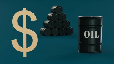 Altın kaplama dolar sembolü ve varillerin arka planında 