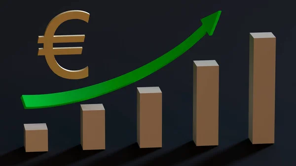 Gilded Euro Symbol Growing Chart Bars Upward Pointing Arrow Green — Stock Photo, Image