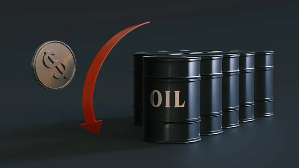 Gold Plated Dollar Symbol Red Arrow Barrels Labeled Oil Dark — Stock Photo, Image