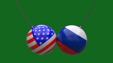 ABD ve Rusya 'nın ulusal bayraklarının renklerindeki iplerdeki toplar tarafsız bir zemine çarpıştı. 3 boyutlu görüntüleme. Tasarım için boş. Düzen.