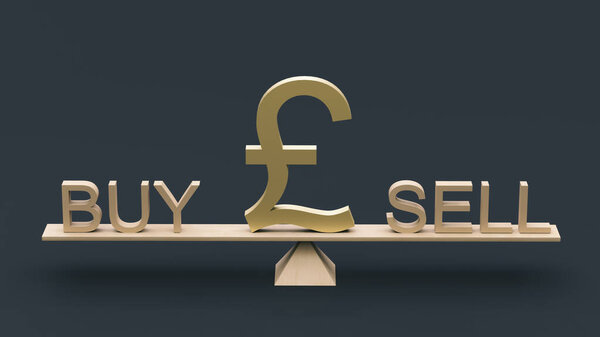 British pound sterling symbol is set in the center of the wooden tiles between the words buy and sell on a dark background. 3D rendering. Finance concept, exchange rates, forex