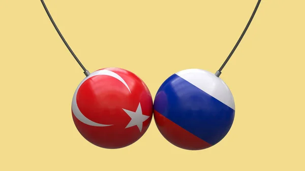 トルコとロシアの国旗の色のロープの上のボールは中立的な背景に対して互いに衝突した 3Dレンダリング 設計のためのブランク レイアウト — ストック写真