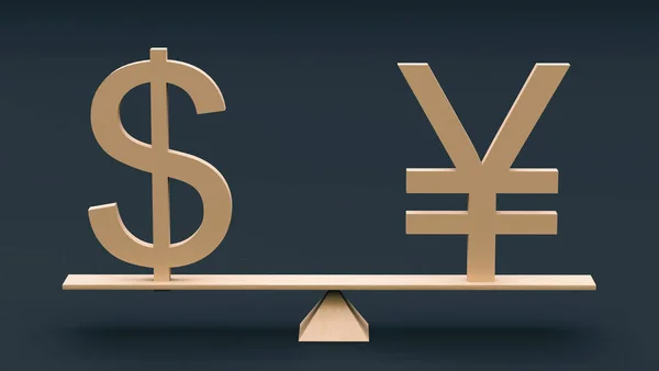 Symbole Dolara Jena Stoją Huśtawce Ciemnym Tle Renderowanie Koncepcja Finansów — Zdjęcie stockowe