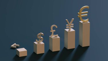 Grafiğin yükselen sütunlarına para birimi sembolleri konur. Liderlik Avrupası. Finans konsepti. 3 boyutlu görüntüleme. Boşluğu kopyala
