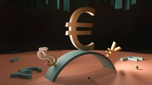 Σύμβολο Του Ευρώ Βρίσκεται Ένα Βάθρο Που Περιβάλλεται Από Σύμβολα — Φωτογραφία Αρχείου