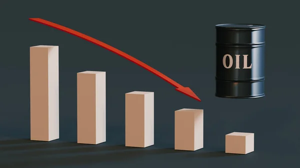 バレルは 暗い背景にチャートバーの上に オイル と赤の矢印をラベル付けしました 3Dレンダリング — ストック写真