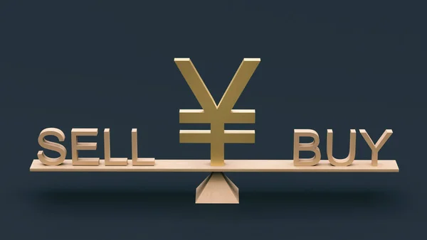 Simbolo Yen Situato Centro Cavi Legno Tra Iscrizioni Comprare Vendere — Foto Stock