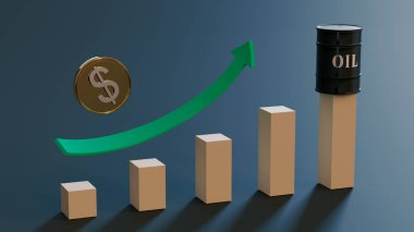 Üzerinde yeşil ok olan yaldızlı dolar sembolü ve koyu arkaplanda petrol varili var. Petrol fiyatlarındaki artış. 3B görüntüleme.