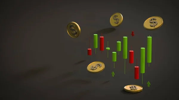 Arany Bevonatú Érmék Egy Dollár Szimbólummal Egy Stilizált Gyertyatartó Diagrammal — Stock Fotó