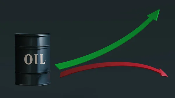 オイル と名付けられた樽は 2本の矢の前に立っています 緑色の矢が上を向け 赤い矢がテキストやロゴのためのスペースがある暗い背景を指しています 3Dレンダリング 金融市場 — ストック写真