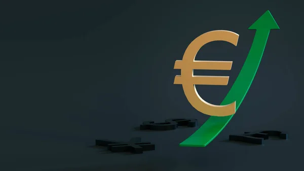 Goud Vergulde Euro Symbool Schuift Een Groene Pijl Omhoog Wijzend — Stockfoto