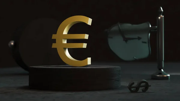 Επίχρυσο Σύμβολο Του Ευρώ Τοποθετείται Μια Πλίνθο Φόντο Ένα Ρολόι — Φωτογραφία Αρχείου
