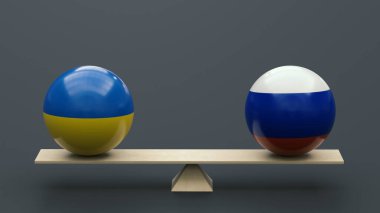Ukrayna ve Rusya 'nın ulusal bayraklarındaki toplar tarafsız bir arkaplanda salıncakta dengede duruyor. 3 boyutlu görüntüleme. Tasarım boş. Yerleşim planı. Politika kavramı