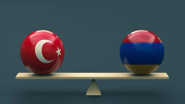 トルコとアルメニアの国旗の色のボールは中立的な背景に対するスイングにバランスをとって立っている 3Dレンダリング 設計は空白だ レイアウト ポリシー コンセプト — ストック写真