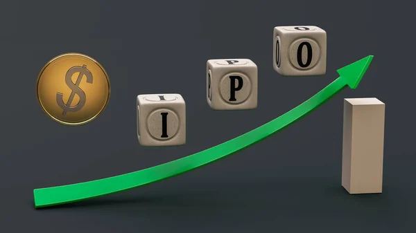 銘文Ipo 緑色の上向きの矢印 ドル記号を持つ金メッキコインがチャートの上昇バーにあります 成功の概念 3Dレンダリング レイアウト コピースペース — ストック写真