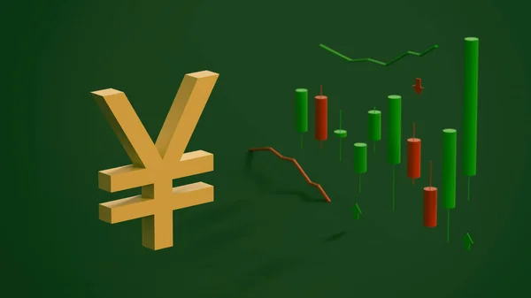 Yen符号和风格化烛台在绿色背景上的库存图 金融市场的概念 3D渲染 — 图库照片