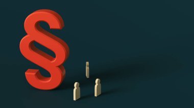 Büyük kırmızı paragraf sembolü, insan ahşap figürlerinin üzerinde, karanlık bir arkaplanda yükseliyor. 3 boyutlu görüntüleme. Metin veya logo için yer