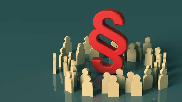 Büyük kırmızı paragraf sembolü, insan ahşap figürlerinin üzerinde, karanlık bir arkaplanda yükseliyor. 3 boyutlu görüntüleme. Metin veya logo için yer