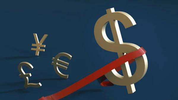 Dollár Szimbólum Megtöri Célvonalat Megelőzve Szimbólumok Más Pénznemek Jen Euro — Stock Fotó