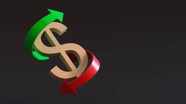 Dollar symbol surrounded by two arrows, a green one pointing up and a red one pointing down, on a dark background. 3D rendering. Finance concept. Space for text