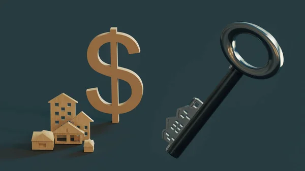 Steel key from the door lock with a groove in the form of residential buildings against the background of the dollar symbol and models of buildings. 3D rendering.