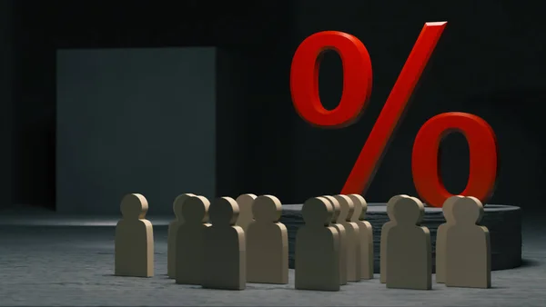 Enorme Signo Porcentaje Rojo Eleva Sobre Pedestal Sobre Figuras Madera — Foto de Stock