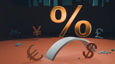 Percent sign rises above the symbols of other currencies on the abstract background of the graph. 3D rendering. The concept of finance. Inflation