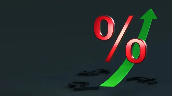 Bright Red Percent Sign Slides Green Arrow Pointing Dark Background — Φωτογραφία Αρχείου