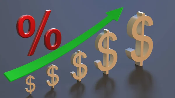 Sinal Percentagem Vermelho Brilhante Símbolos Dólar Subindo Uma Seta Verde — Fotografia de Stock