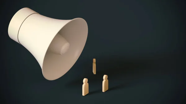 Huge loudspeaker loomed over tiny figures of wooden men. 3D rendering. Place for text or logo