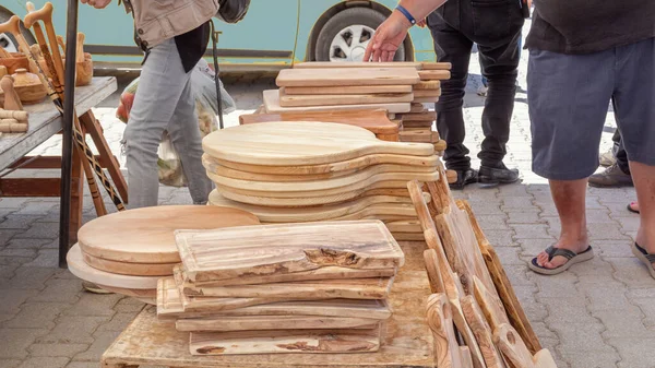 Homemade Natural Wood Cutting Boards Sold Street Stall Sunny Day — Fotografia de Stock