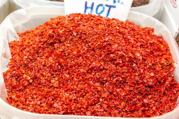 Ground Red Dry Pepper Sold Street Bazaar Close — Zdjęcie stockowe