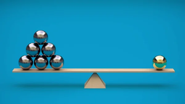 One gilded ball is balanced on a swing by several metal balls. 3D rendering. Minimalism. Abstraction. Balance concept. Leadership. Not like everyone else