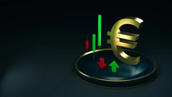 Euro Symbol Stiliserade Ljusstake Diagram Och Uppåtgående Pilar Mörk Bakgrund — Stockfoto