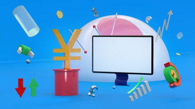 Yen sembolü, monitör ekranının yakınındaki bir kaidede soyut çok renkli figürler, oklar ve grafiklerin arka planında metin veya logo için boşluk bırakarak yükselir. 3 boyutlu görüntüleme. Finans, Forex konsepti