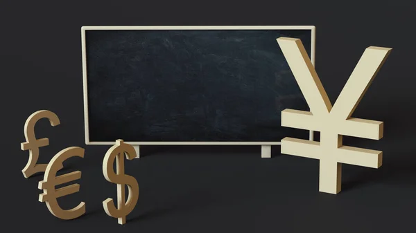 Yen symbol rises above the symbols of other currencies near the school blackboard with space for text or logo on a dark background. 3D rendering. The concept of finance, exchange rates, forex