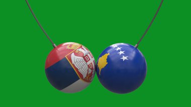Sırbistan ve Kosova 'nın ulusal bayraklarının renklerindeki iplerdeki toplar tarafsız bir arkaplanda birbirlerine çarpıştılar. 3 boyutlu görüntüleme. Tasarım boş. Düzen.
