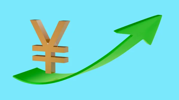 Gold Plated Yen Symbol Slides Green Arrow Pointing Light Blue — Stock Photo, Image