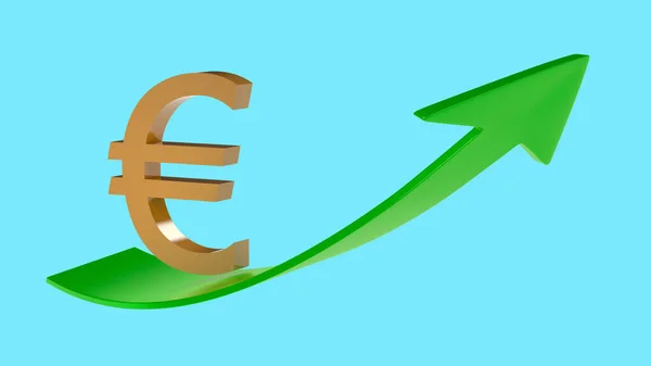 Goud Vergulde Euro Symbool Schuift Een Groene Pijl Omhoog Wijzend — Stockfoto