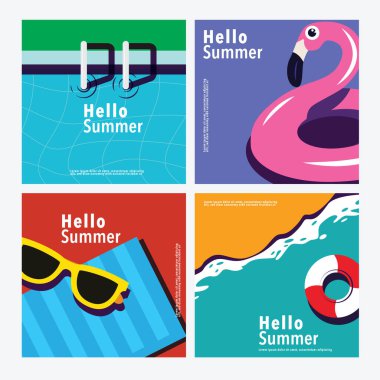 Merhaba Summer, kare pankart şablonu, düz vektör